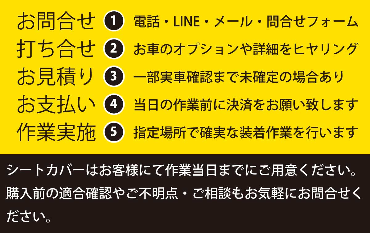シートカバーはお客様にて作業当日までにご用意ください。購入前の適合確認やご不明点・ご相談もお気軽にお問合せください。